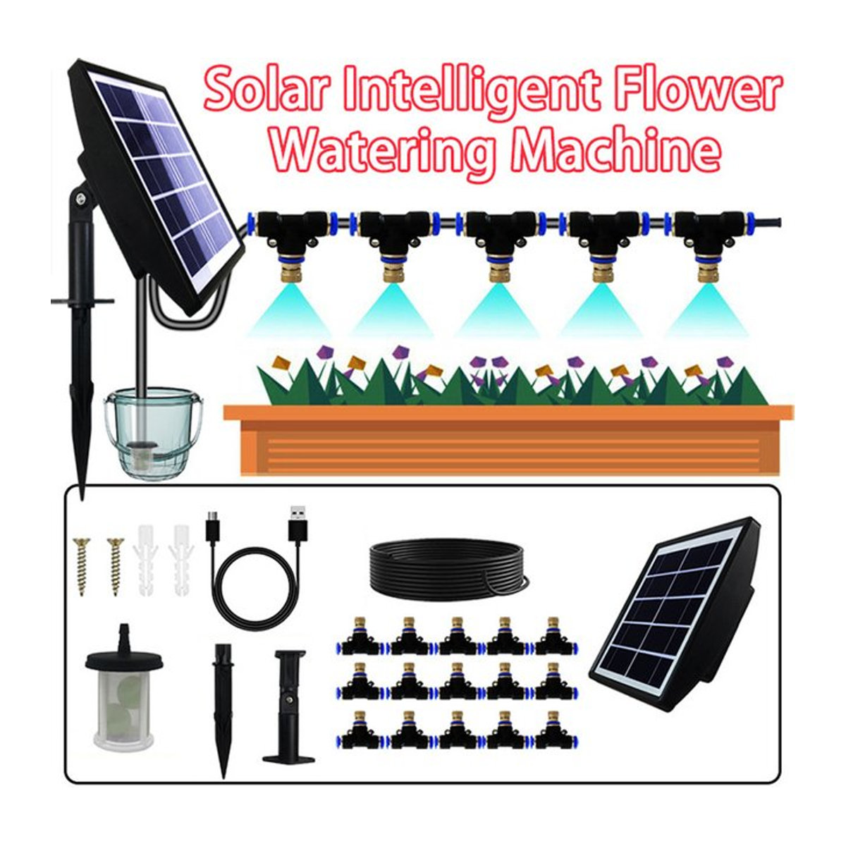 Solar-Nebelsystem zur Pflanzenbewässerung mit Messingdüsen und Bodensteckern, 15-teiliges Set, Schwarz - Bild 1