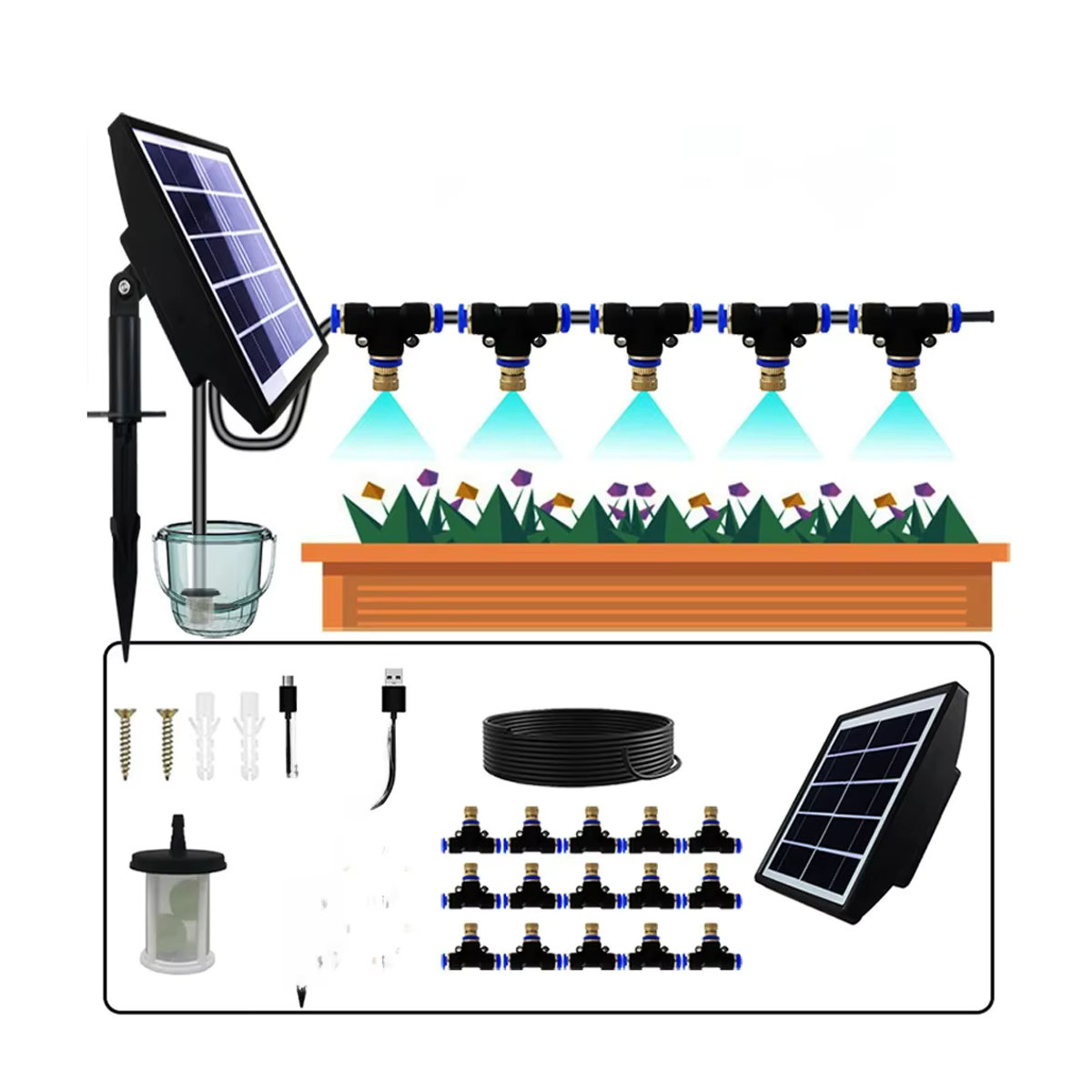 Solar-Nebelsystem zur Pflanzenbewässerung mit Messingdüsen und Bodensteckern, 15-teiliges Set, Schwarz - Bild 7