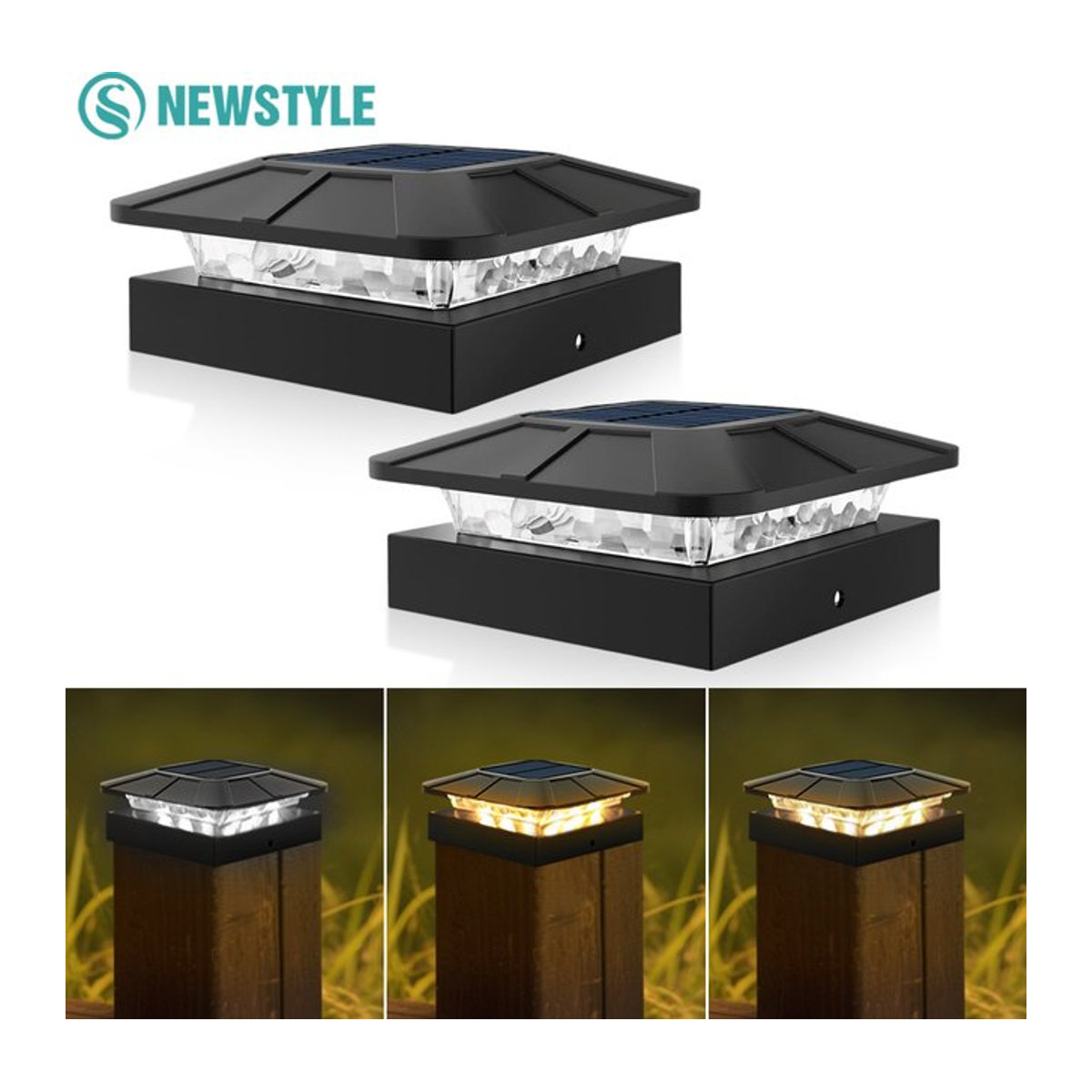Solar-Pfostenkappenleuchten für den Außenbereich in Schwarz, moderne LED-Zaunleuchte mit 3 Modi, wasserdichte Solarleuchte für 10,2 cm Holzpfosten, ideal für Garten und Hof - Bild 1