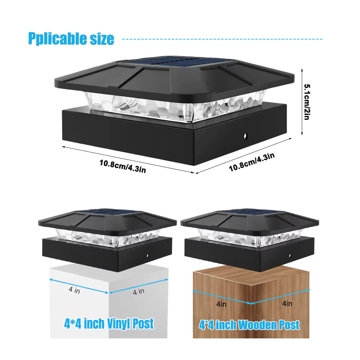Solar-Pfostenkappenleuchten für den Außenbereich in Schwarz, moderne LED-Zaunleuchte mit 3 Modi, wasserdichte Solarleuchte für 10,2 cm Holzpfosten, ideal für Garten und Hof - Bild 4