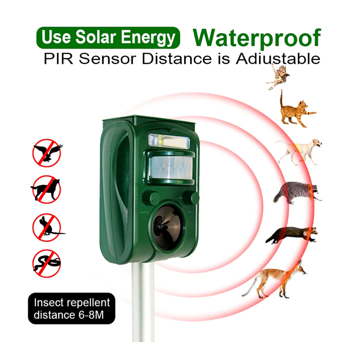 Solar-Ultraschall-Insektenschutzmittel für den Außenbereich mit PIR-Sensor zur Tierabwehr von Gartenschädlingen, Mäusen, Vögeln und Fledermäusen - Bild 6