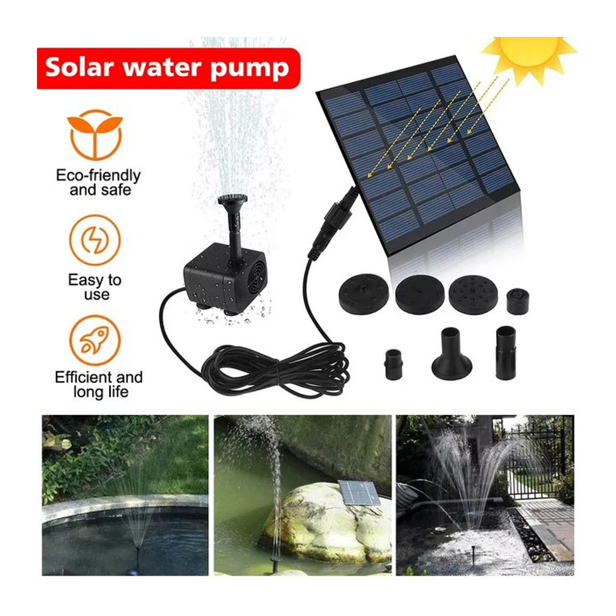 Solar Wasserbrunnenpumpe mit 8 Düsen und Solarpanel zur Gartenbewässerung und Dekoration, 11 x 15,5 cm - Bild 1