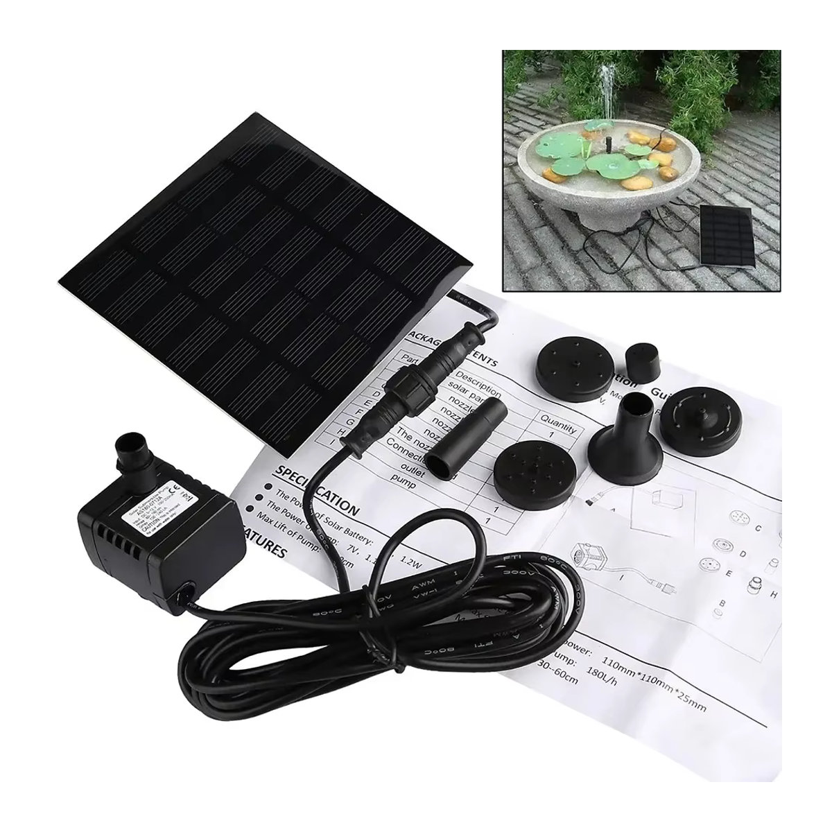 Solar Wasserbrunnenpumpe mit 8 Düsen und Solarpanel zur Gartenbewässerung und Dekoration, 11 x 15,5 cm - Bild 4