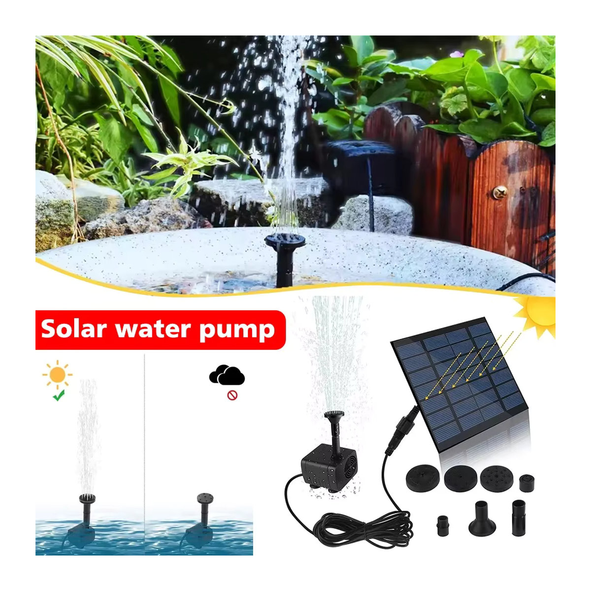 Solar Wasserbrunnenpumpe mit 8 Düsen und Solarpanel zur Gartenbewässerung und Dekoration, 11 x 15,5 cm - Bild 5