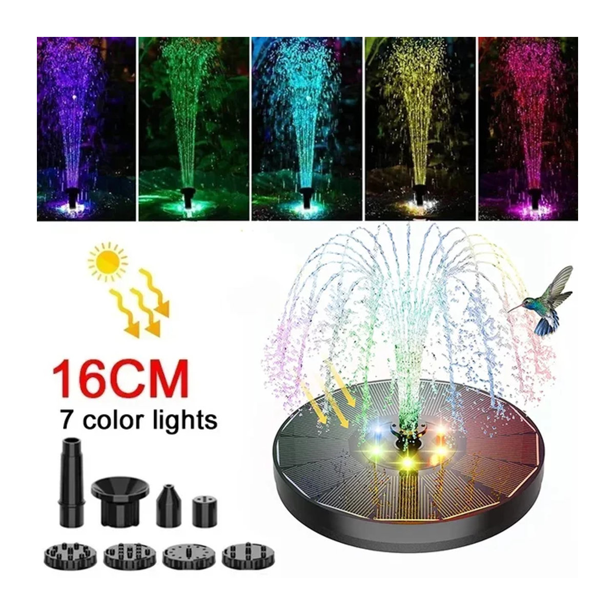 Solar Wasserpumpe für Vogelbad und Gartenteich mit 12 farbigen LED-Leuchten, 1200mAh Akku und 9 Düsen, Bunt - Bild 1