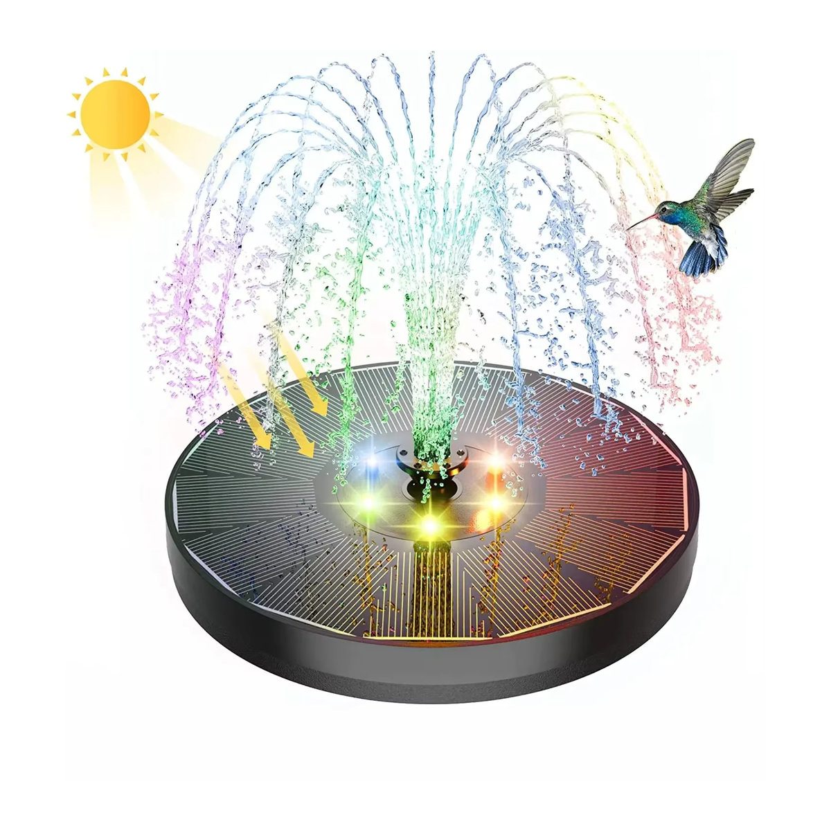 Solar Wasserpumpe für Vogelbad und Gartenteich mit 12 farbigen LED-Leuchten, 1200mAh Akku und 9 Düsen, Bunt - Bild 2
