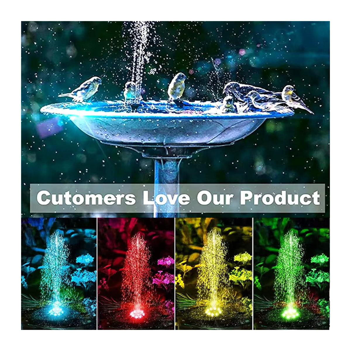 Solar Wasserpumpe für Vogelbad und Gartenteich mit 12 farbigen LED-Leuchten, 1200mAh Akku und 9 Düsen, Bunt - Bild 4