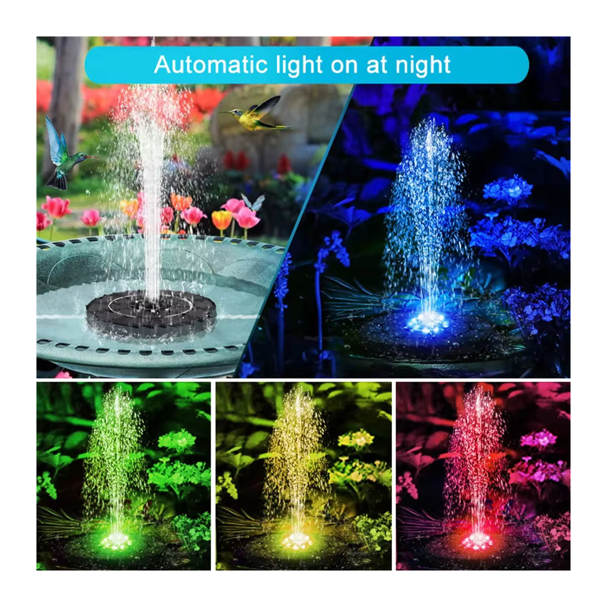 Solar Wasserpumpe für Vogelbad und Gartenteich mit 12 farbigen LED-Leuchten, 1200mAh Akku und 9 Düsen, Bunt - Bild 5