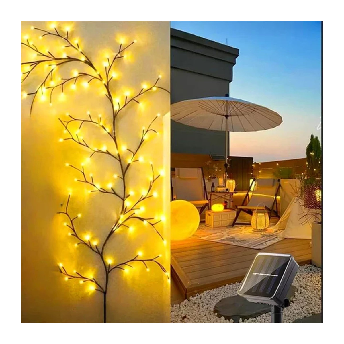 Solar Weidenreben Licht mit 96 LEDs in Gelb, wasserdichte Solarleuchte mit 8 Beleuchtungsmodi für Garten, Balkon und Wand zur DIY Dekoration - Bild 1