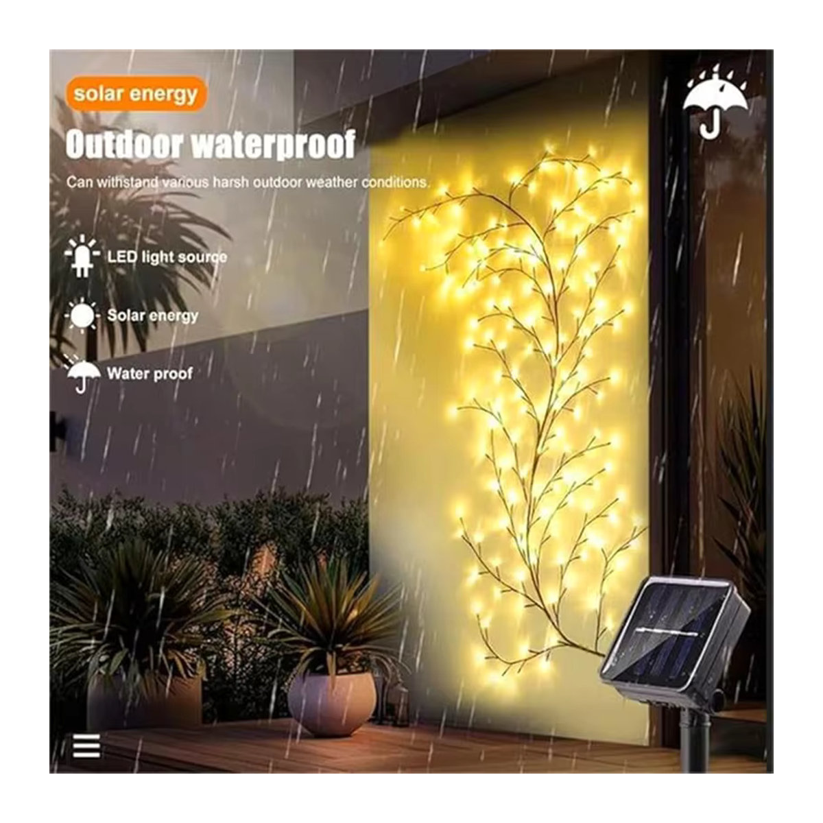 Solar Weidenreben Licht mit 96 LEDs in Gelb, wasserdichte Solarleuchte mit 8 Beleuchtungsmodi für Garten, Balkon und Wand zur DIY Dekoration - Bild 2