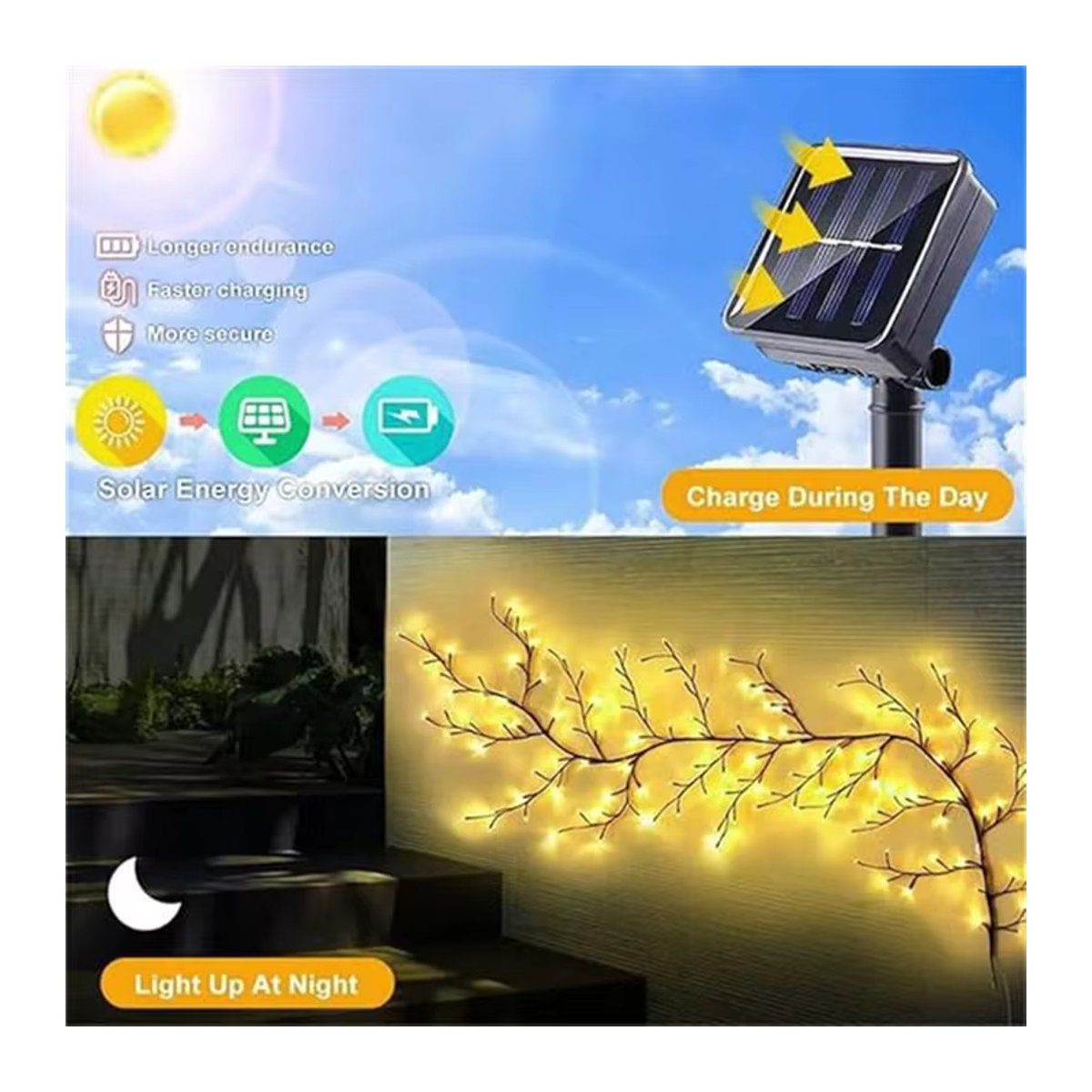 Solar Weidenreben Licht mit 96 LEDs in Gelb, wasserdichte Solarleuchte mit 8 Beleuchtungsmodi für Garten, Balkon und Wand zur DIY Dekoration - Bild 3