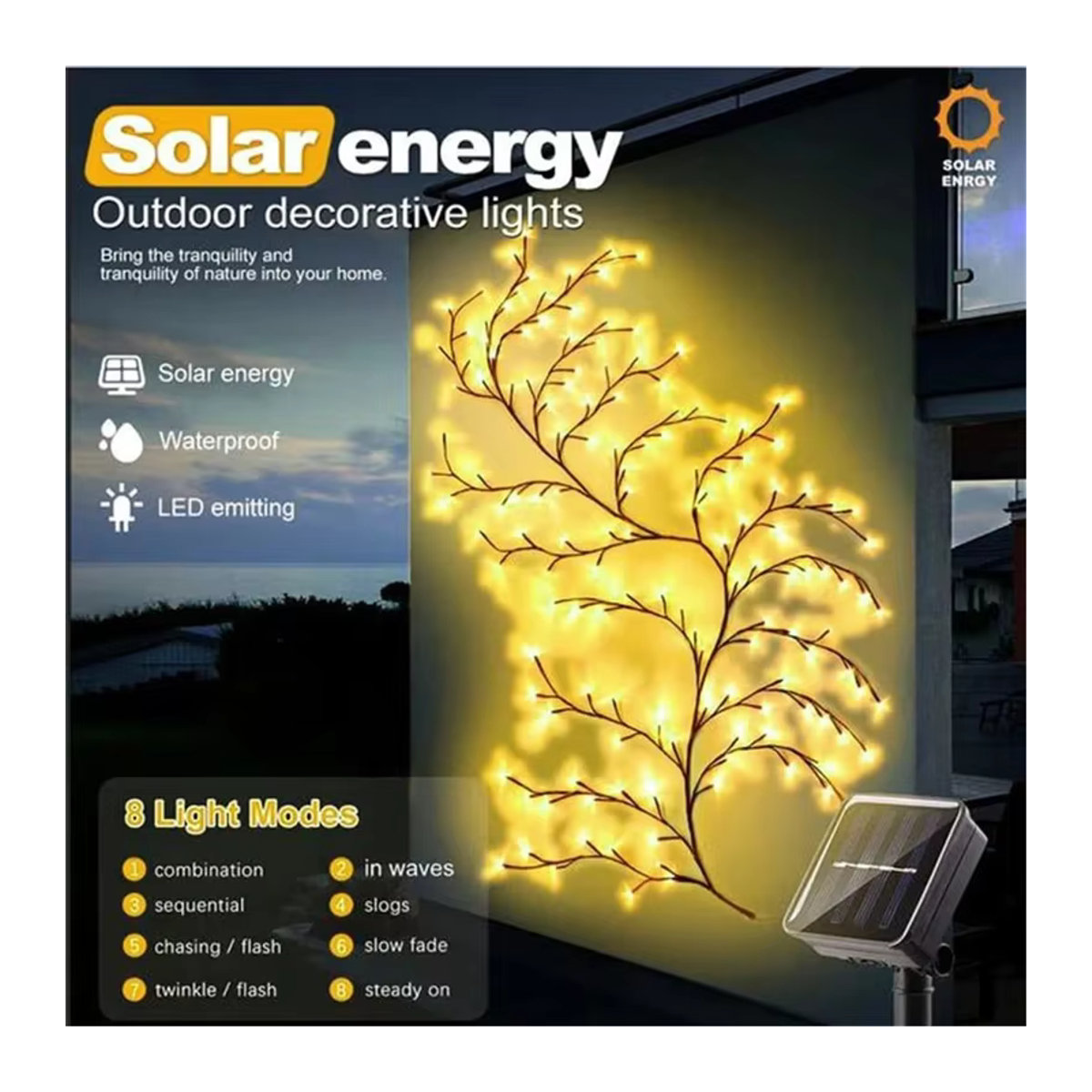 Solar Weidenreben Licht mit 96 LEDs in Gelb, wasserdichte Solarleuchte mit 8 Beleuchtungsmodi für Garten, Balkon und Wand zur DIY Dekoration - Bild 4