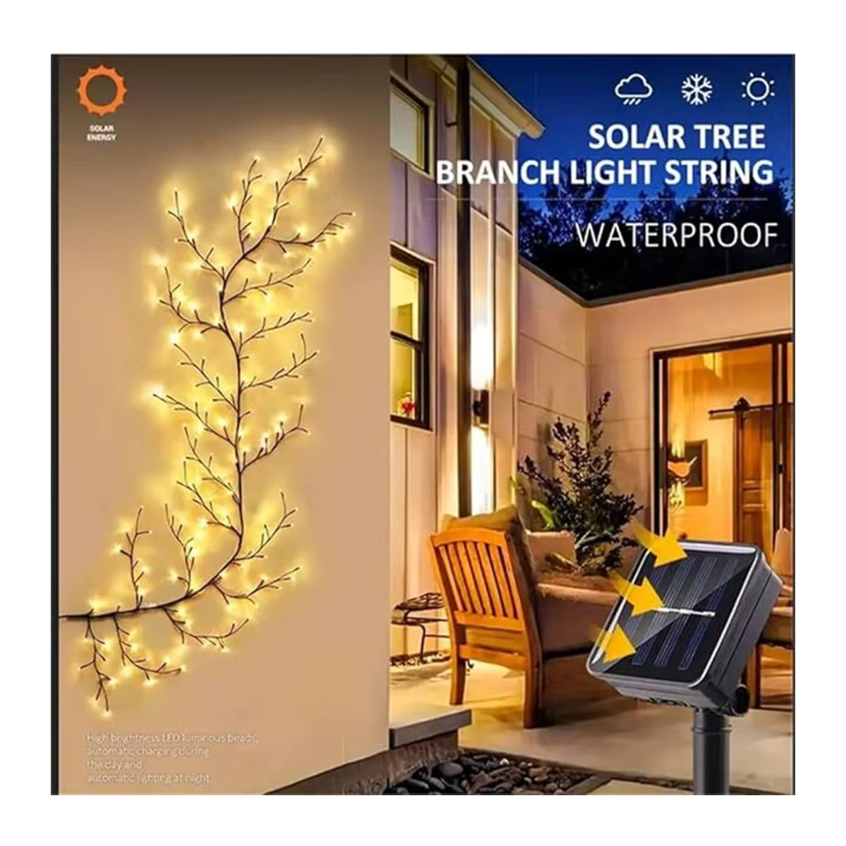 Solar Weidenreben Licht mit 96 LEDs in Gelb, wasserdichte Solarleuchte mit 8 Beleuchtungsmodi für Garten, Balkon und Wand zur DIY Dekoration - Bild 6