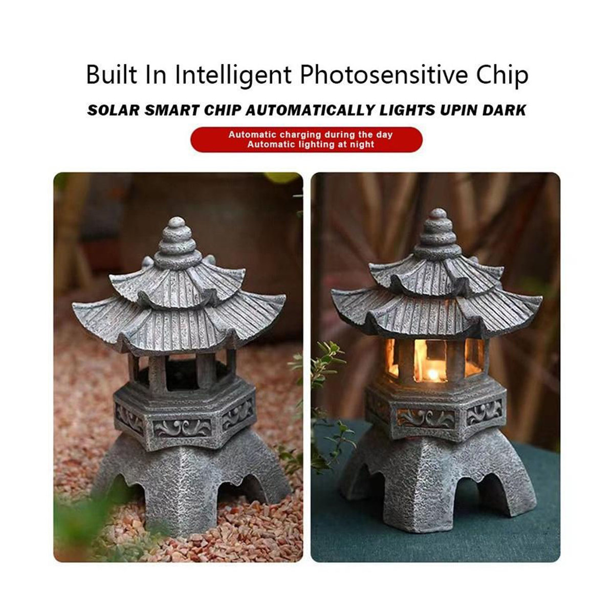 Solarbetriebene Chinesische Palastlaterne als Zen Gartenstatue aus Kunstharz in Grau mit warmweißem LED-Licht und IP55 Schutz - Bild 1