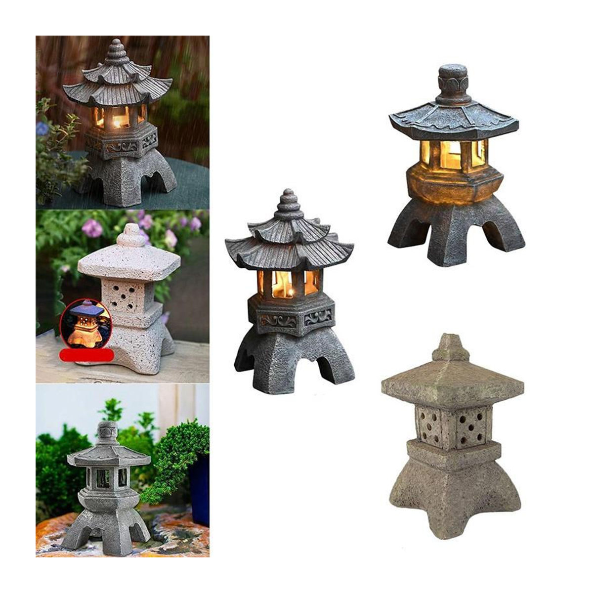Solarbetriebene Chinesische Palastlaterne als Zen Gartenstatue aus Kunstharz in Grau mit warmweißem LED-Licht und IP55 Schutz - Bild 11