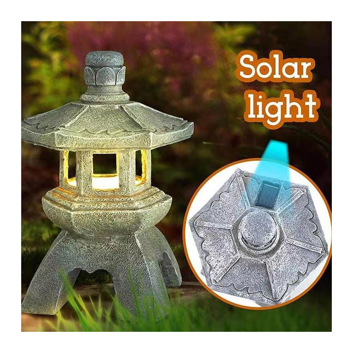 Solarbetriebene Chinesische Palastlaterne als Zen Gartenstatue aus Kunstharz in Grau mit warmweißem LED-Licht und IP55 Schutz - Bild 2