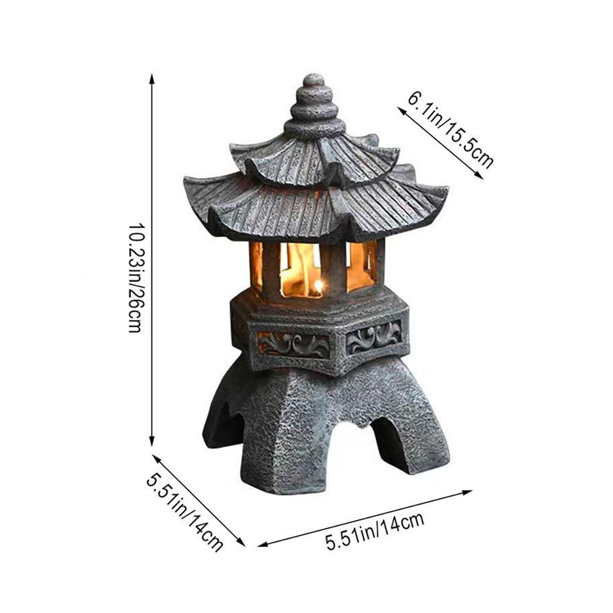 Solarbetriebene Chinesische Palastlaterne als Zen Gartenstatue aus Kunstharz in Grau mit warmweißem LED-Licht und IP55 Schutz - Bild 3