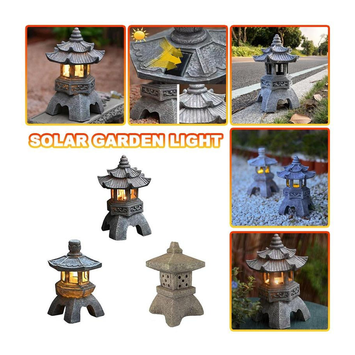 Solarbetriebene Chinesische Palastlaterne als Zen Gartenstatue aus Kunstharz in Grau mit warmweißem LED-Licht und IP55 Schutz - Bild 7