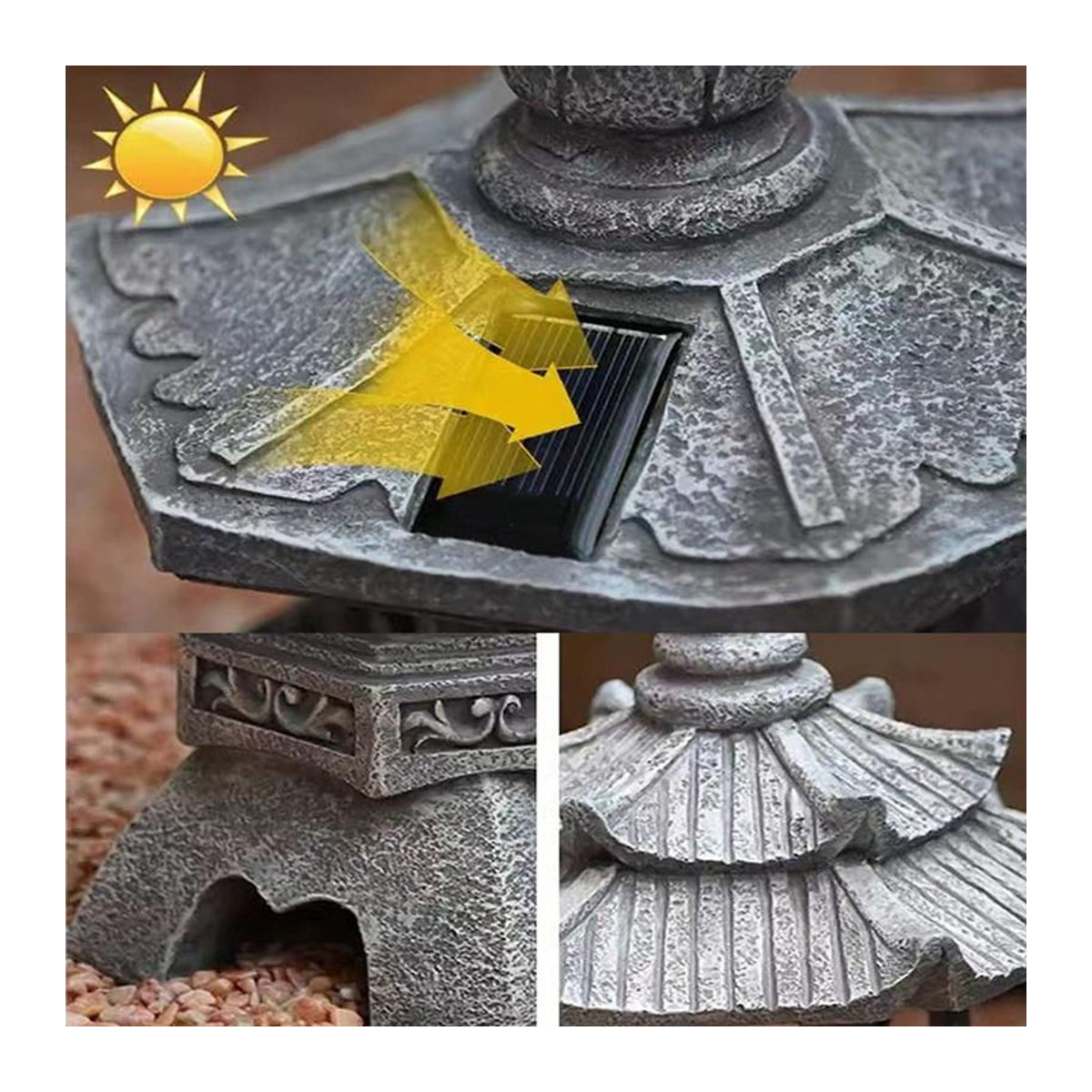 Solarbetriebene Chinesische Palastlaterne als Zen Gartenstatue aus Kunstharz in Grau mit warmweißem LED-Licht und IP55 Schutz - Bild 10