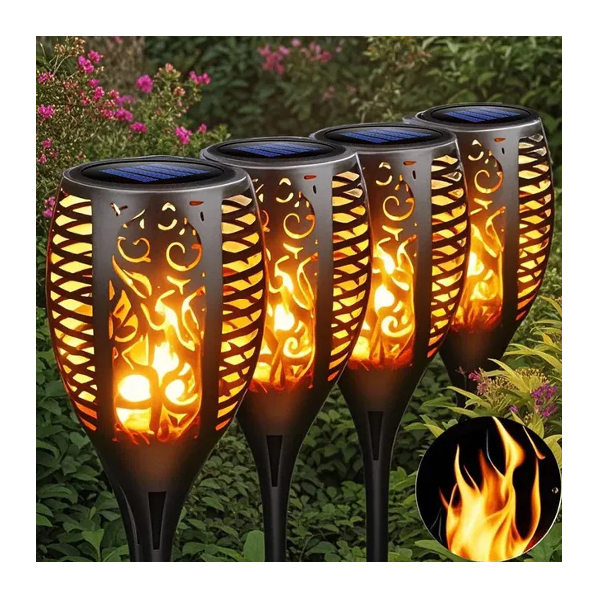 Solarbetriebene Gartenleuchten mit flackernder Flamme in Schwarz für Rasen, Hof und Gehwege - Bild 1