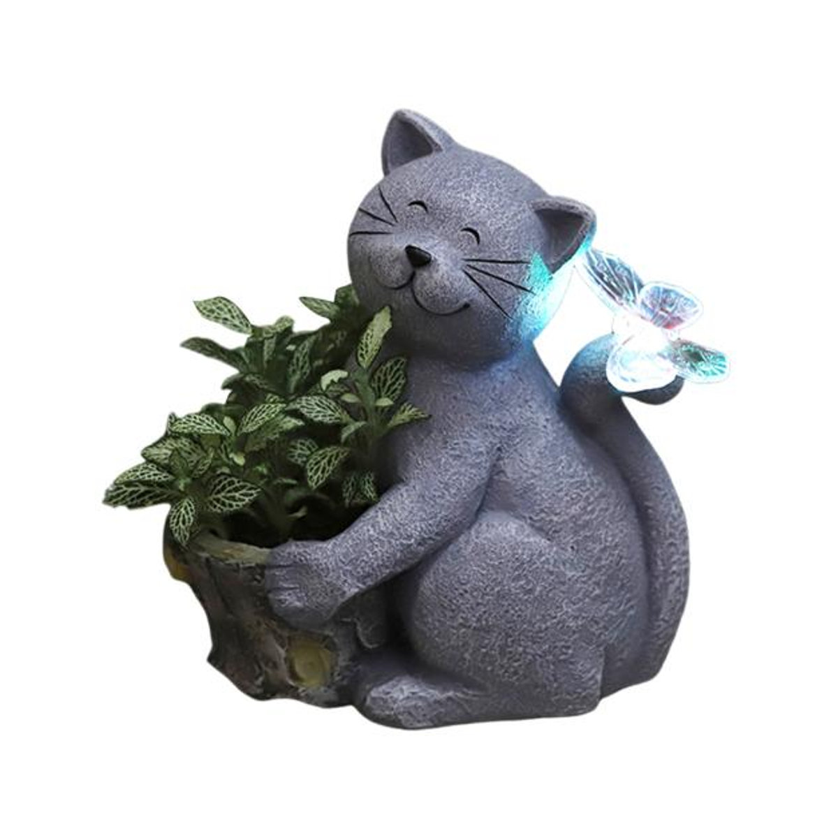 Solarbetriebene Katzenstatue von ESCAM mit LED-Schmetterling und wasserdichtem Blumentopf aus Kunstharz in Grau - Bild 2