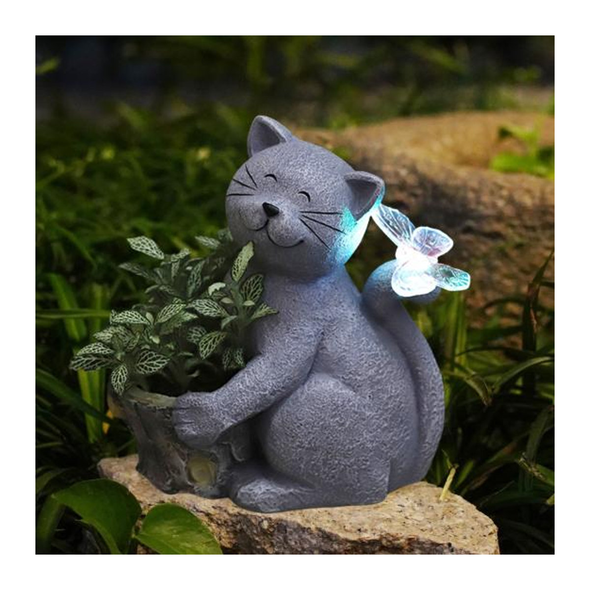 Solarbetriebene Katzenstatue von ESCAM mit LED-Schmetterling und wasserdichtem Blumentopf aus Kunstharz in Grau - Bild 3