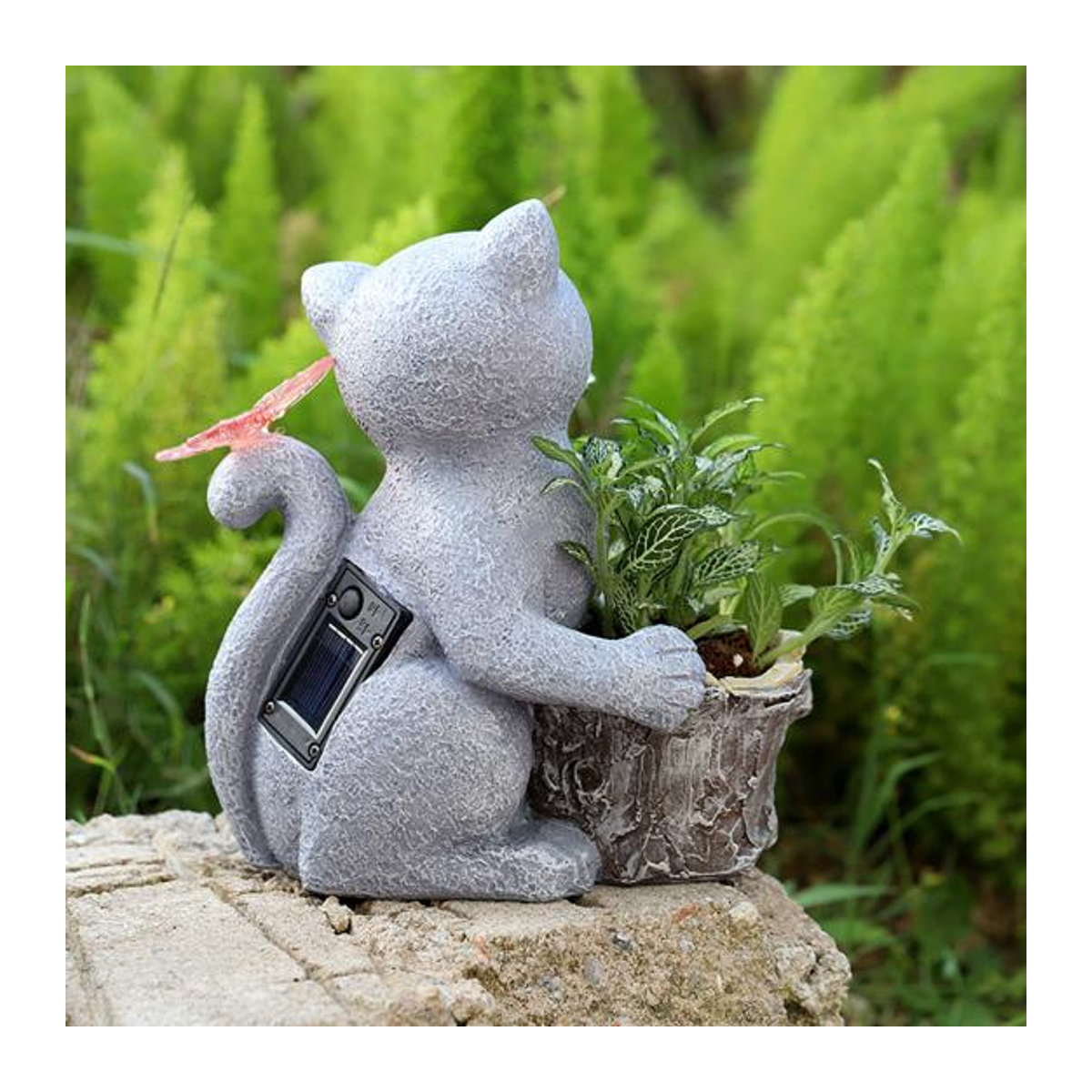 Solarbetriebene Katzenstatue von ESCAM mit LED-Schmetterling und wasserdichtem Blumentopf aus Kunstharz in Grau - Bild 5