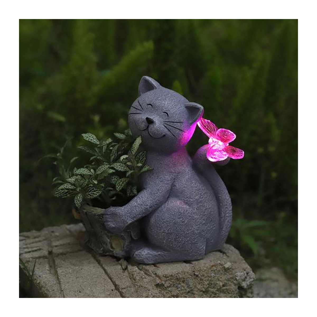 Solarbetriebene Katzenstatue von ESCAM mit LED-Schmetterling und wasserdichtem Blumentopf aus Kunstharz in Grau - Bild 6