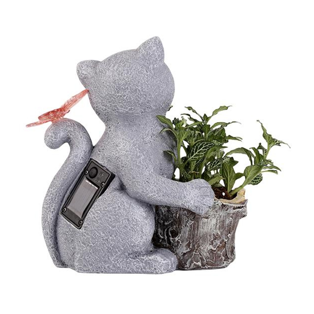 Solarbetriebene Katzenstatue von ESCAM mit LED-Schmetterling und wasserdichtem Blumentopf aus Kunstharz in Grau - Bild 7