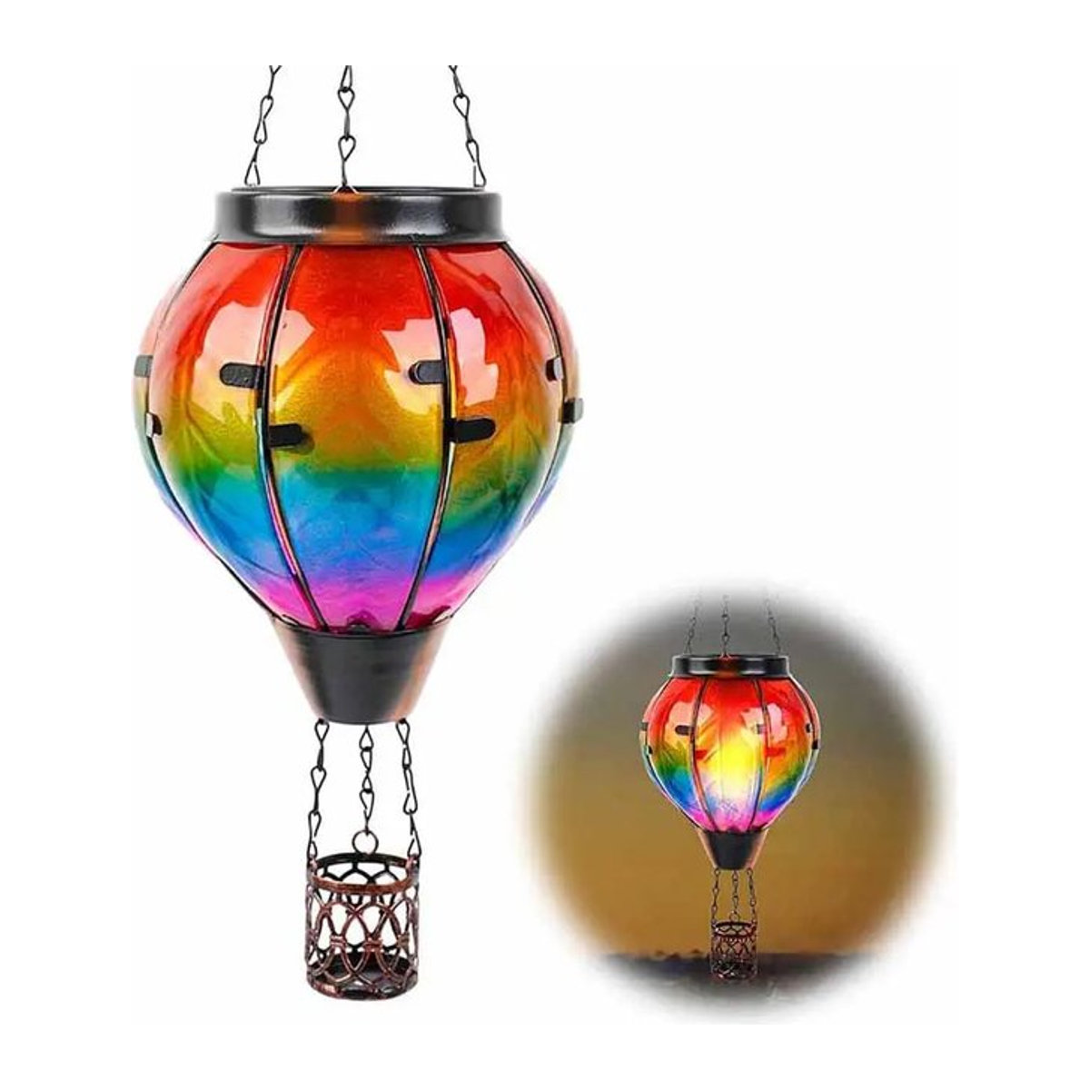 Solarbetriebene LED Heißluftballon Deko-Leuchte aus Metall in Bunt mit Flackerlicht-Effekt für Garten und Hof - Bild 1