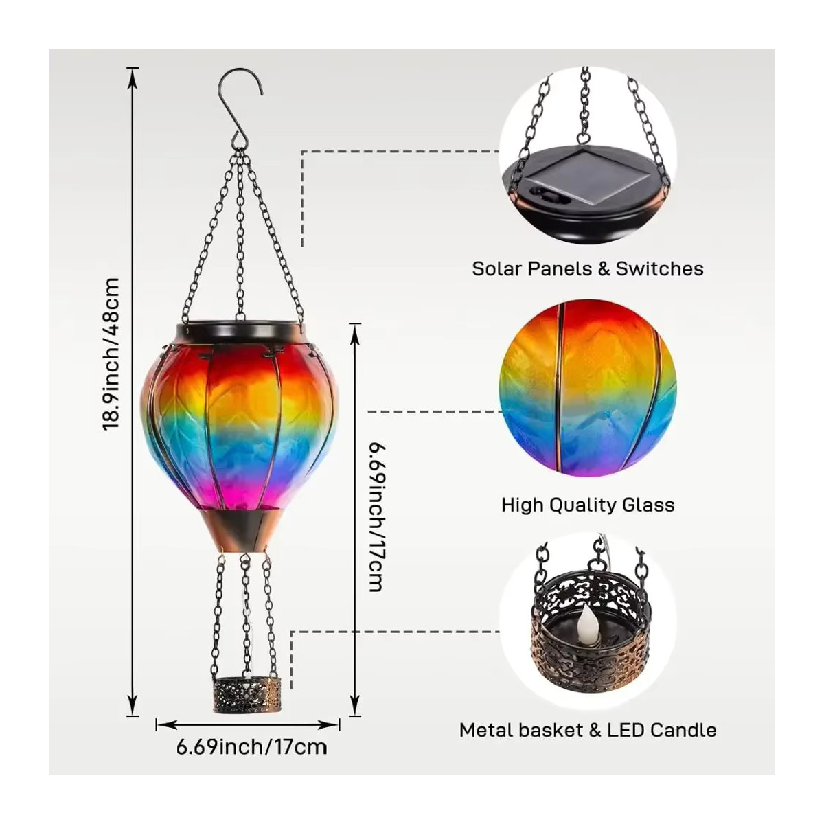 Solarbetriebene LED Heißluftballon Deko-Leuchte aus Metall in Bunt mit Flackerlicht-Effekt für Garten und Hof - Bild 2