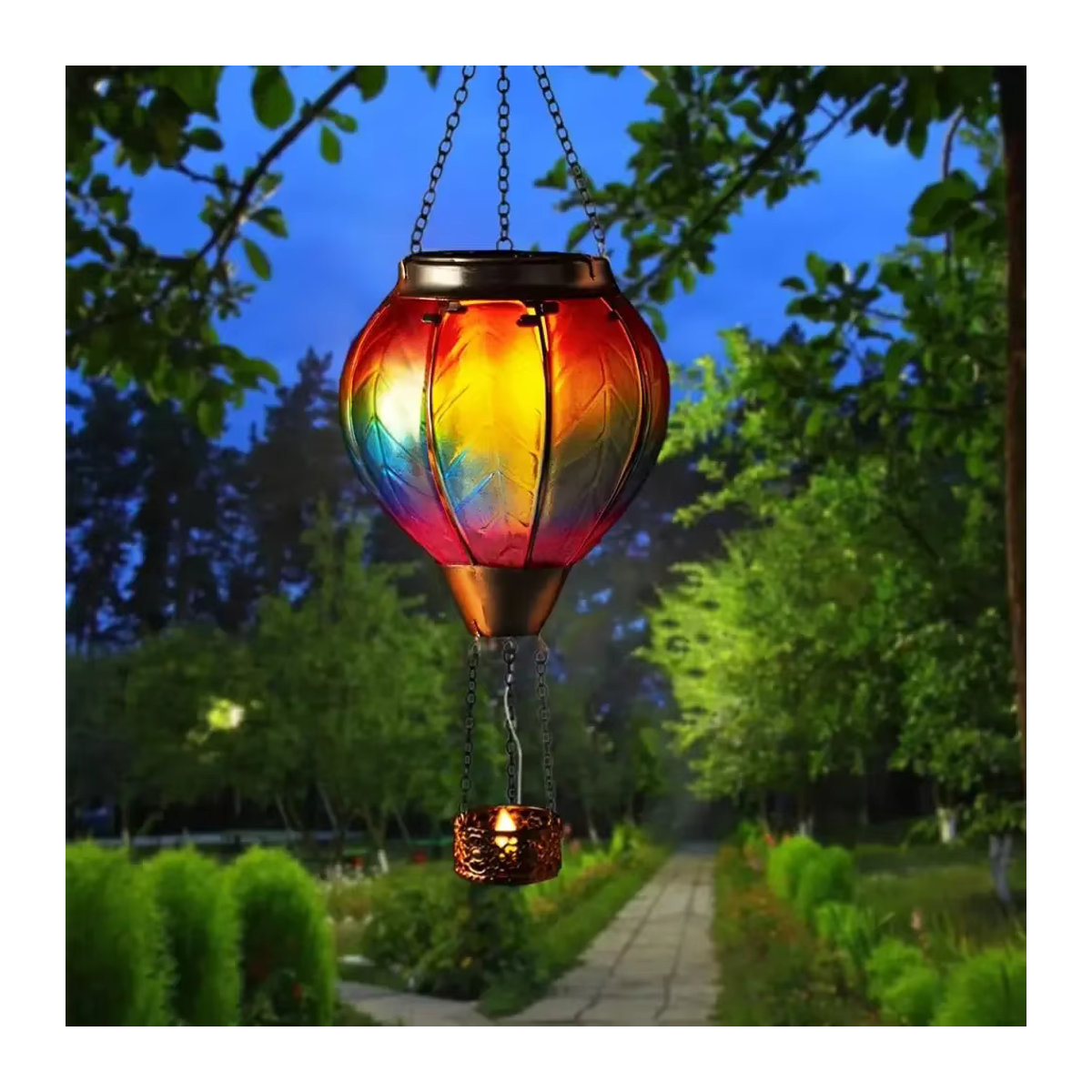 Solarbetriebene LED Heißluftballon Deko-Leuchte aus Metall in Bunt mit Flackerlicht-Effekt für Garten und Hof - Bild 4