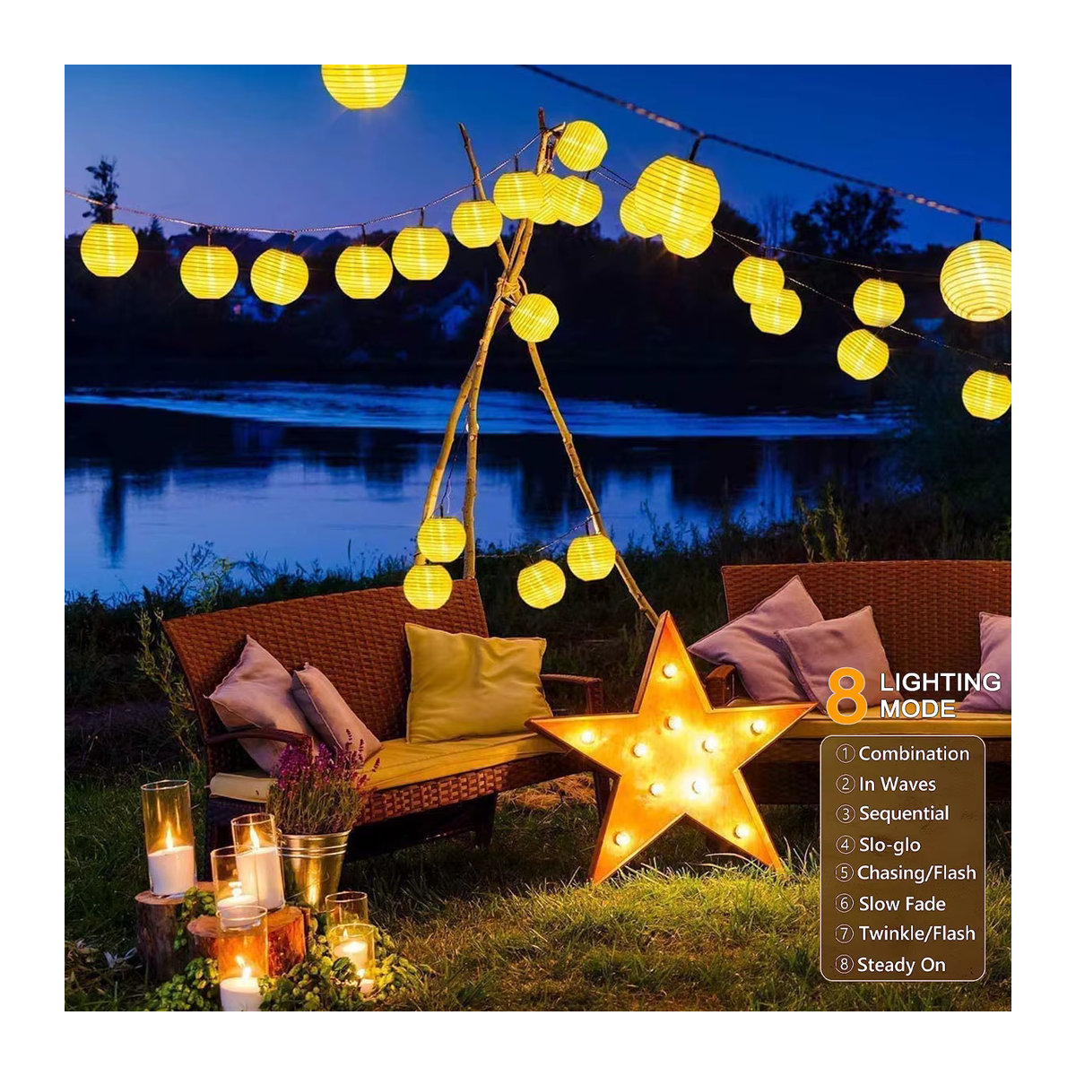 Solarbetriebene LED Laterne als wasserdichte Lichterkette mit 8 Modi in Gelb für die Garten- und Weihnachtsdekoration - Bild 3