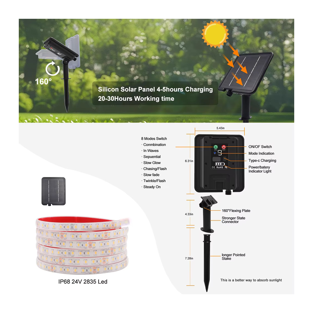 Solarbetriebene LED-Lichtleiste KISUFU IP68 wasserdicht mit 8 Modi für Garten und Außendekoration in Weiß, Rot, Grün, Blau und Bunt - Bild 2