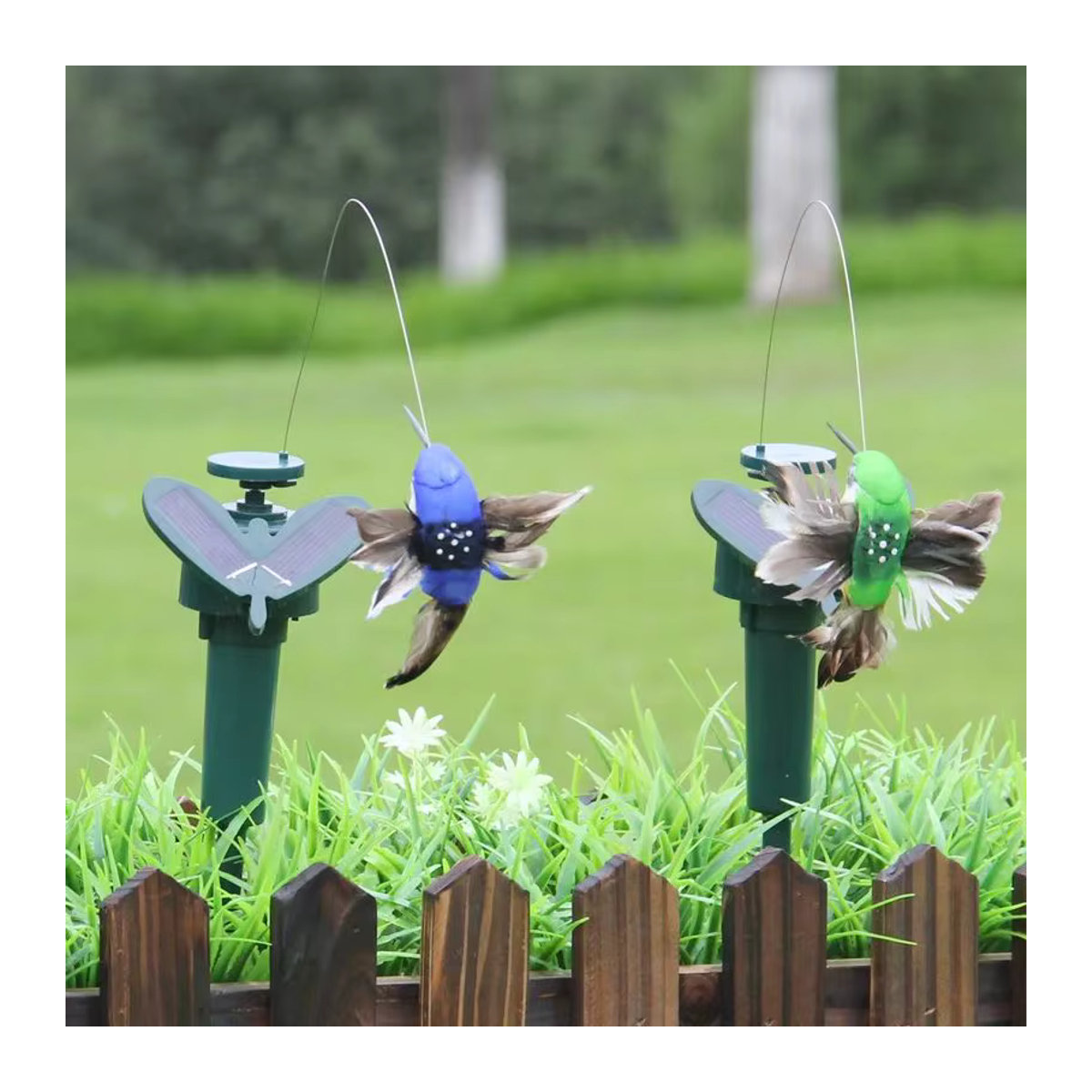 Solarbetriebener künstlicher Kolibri aus Federn als bunte Garten- und Hofdekoration - Bild 2
