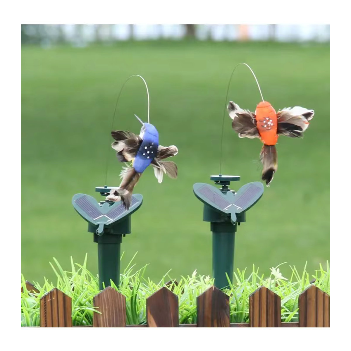 Solarbetriebener künstlicher Kolibri aus Federn als bunte Garten- und Hofdekoration - Bild 4
