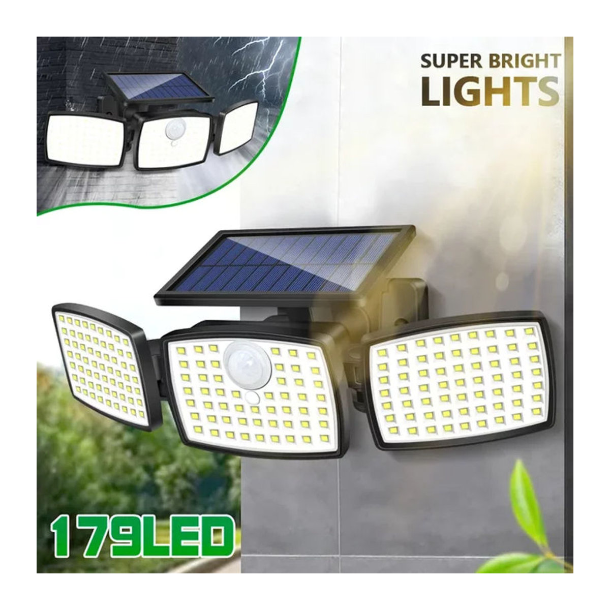 Solarbetriebener LED Außenstrahler mit 3 Köpfen und PIR-Bewegungsmelder, IP65 wasserdicht, Schwarz - Bild 1