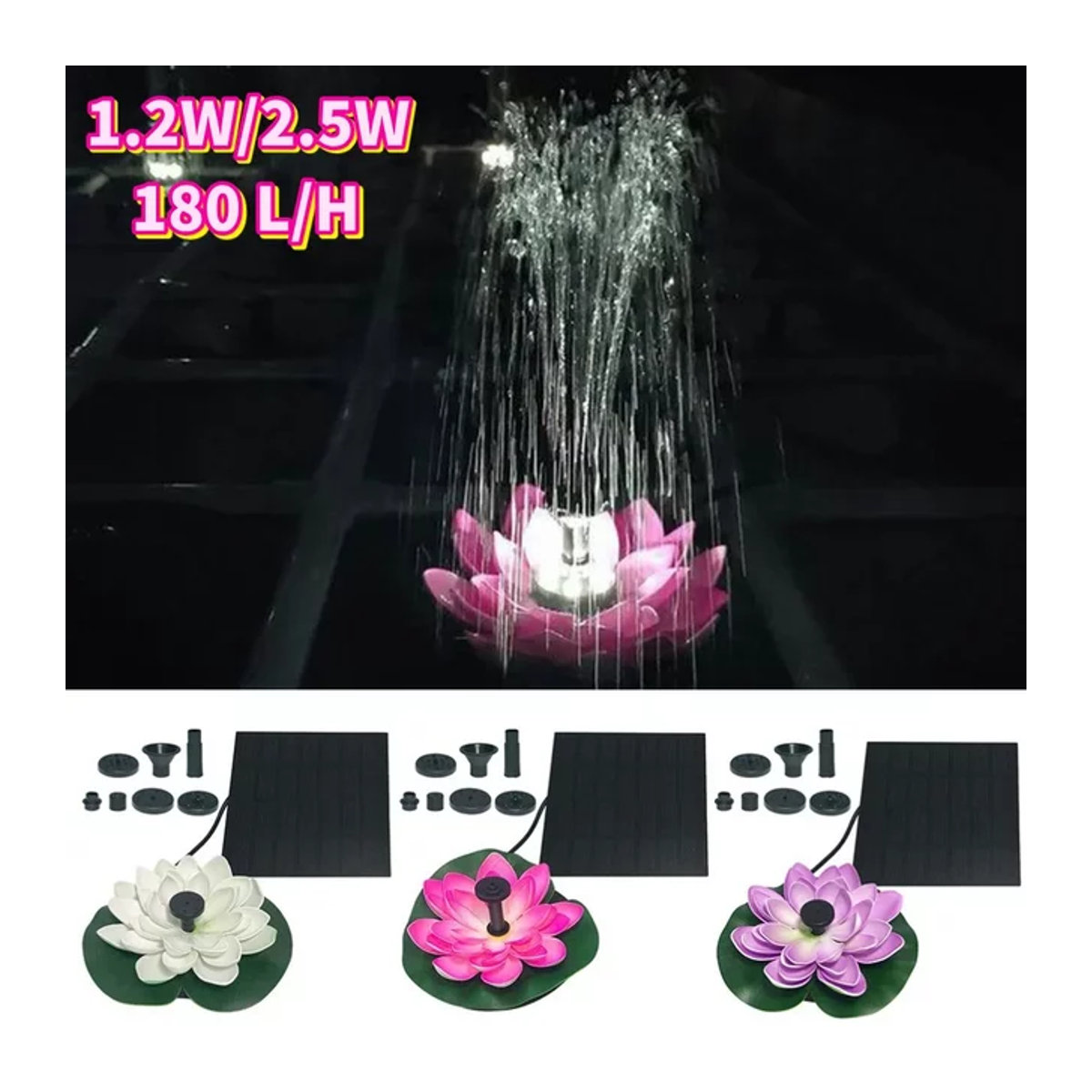 Solarbetriebener schwimmender Gartenbrunnen in Lotusform als Seerosen-Ornament in Rosa und Bunt - Bild 1