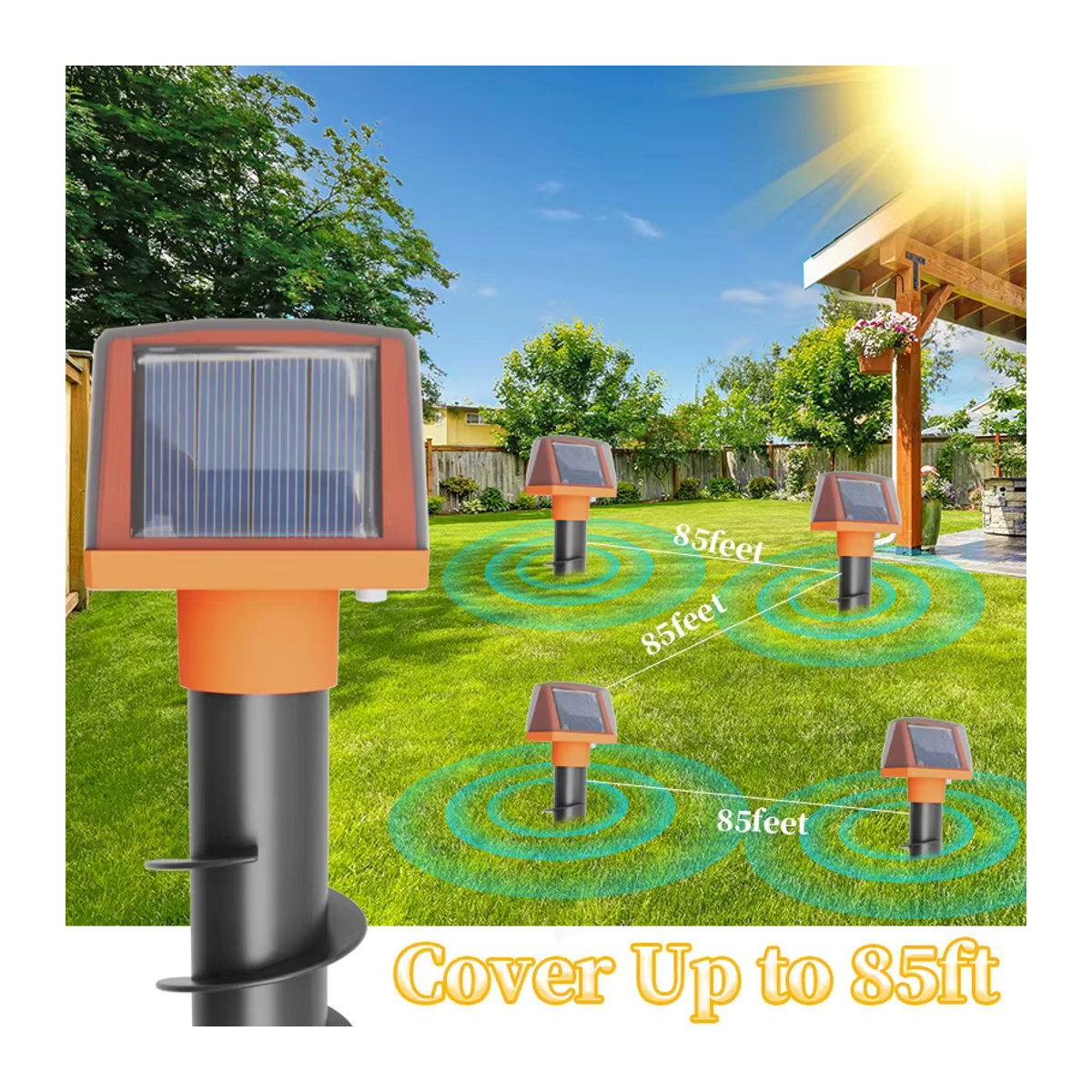 Solarbetriebener Ultraschall-Tiervertreiber mit Flammenlicht und Vibration gegen Mäuse, Maulwürfe, Ratten und Schlangen für Garten und Obstgarten - Bild 2