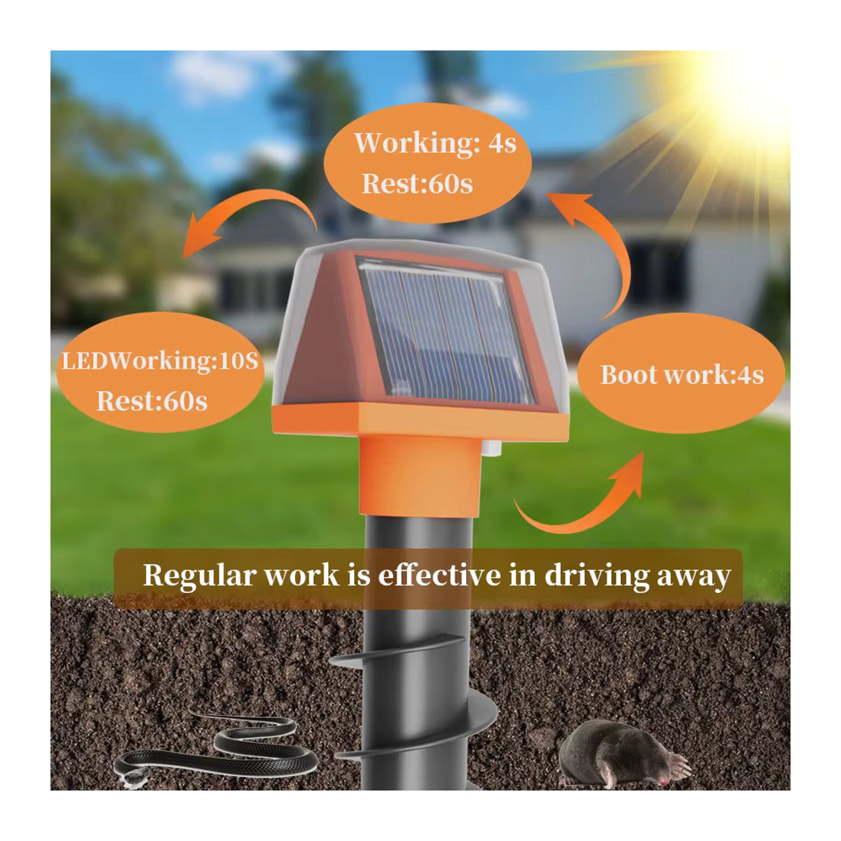 Solarbetriebener Ultraschall-Tiervertreiber mit Flammenlicht und Vibration gegen Mäuse, Maulwürfe, Ratten und Schlangen für Garten und Obstgarten - Bild 4
