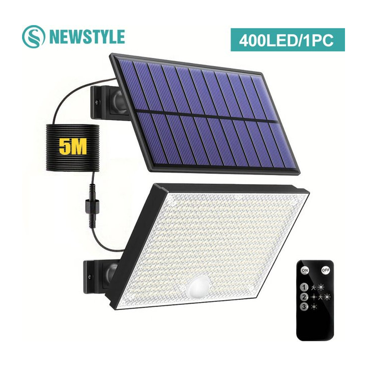 Solarleuchte mit 400 LEDs und Bewegungssensor in Schwarz mit 3 Modi und wasserdichter Funktion für Garten und Außenbereich - Bild 1