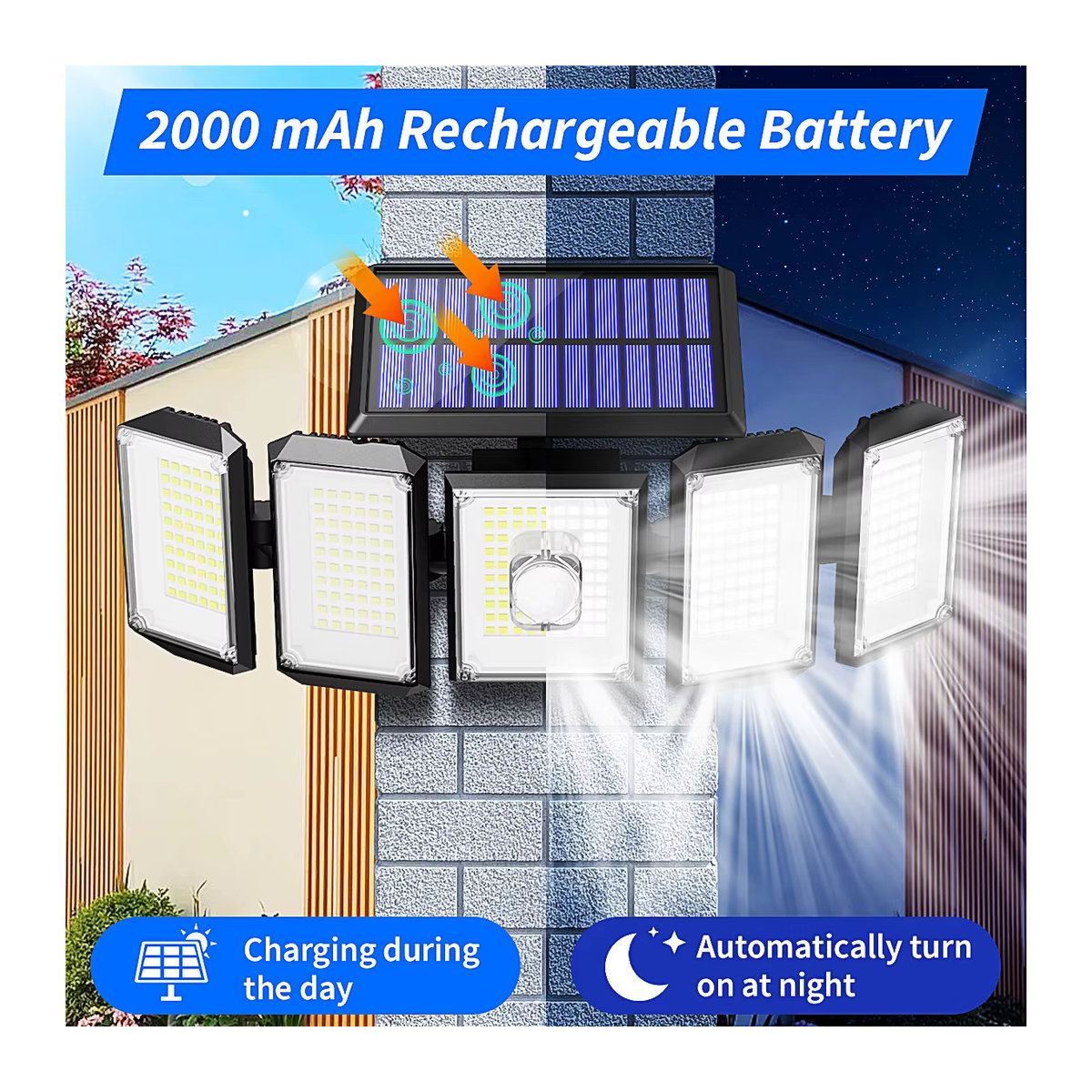 Solarleuchte mit 416 LEDs und Bewegungssensor, 5 Köpfe, 3 Modi, 2400 mAh, wasserdichte Flutlicht-Sicherheitslampe für die Veranda, Schwarz - Bild 4