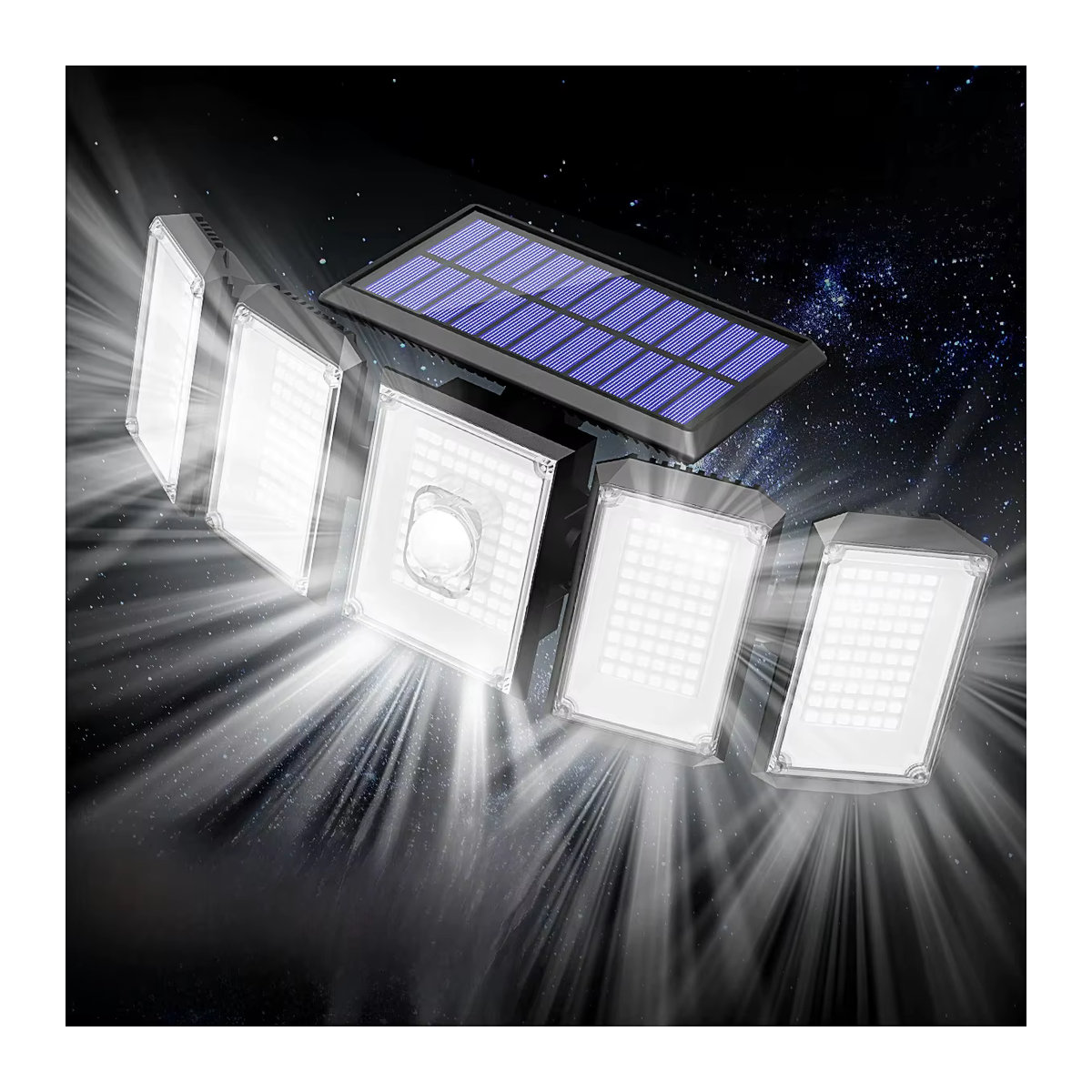 Solarleuchte mit 416 LEDs und Bewegungssensor, 5 Köpfe, 3 Modi, 2400 mAh, wasserdichte Flutlicht-Sicherheitslampe für die Veranda, Schwarz - Bild 6