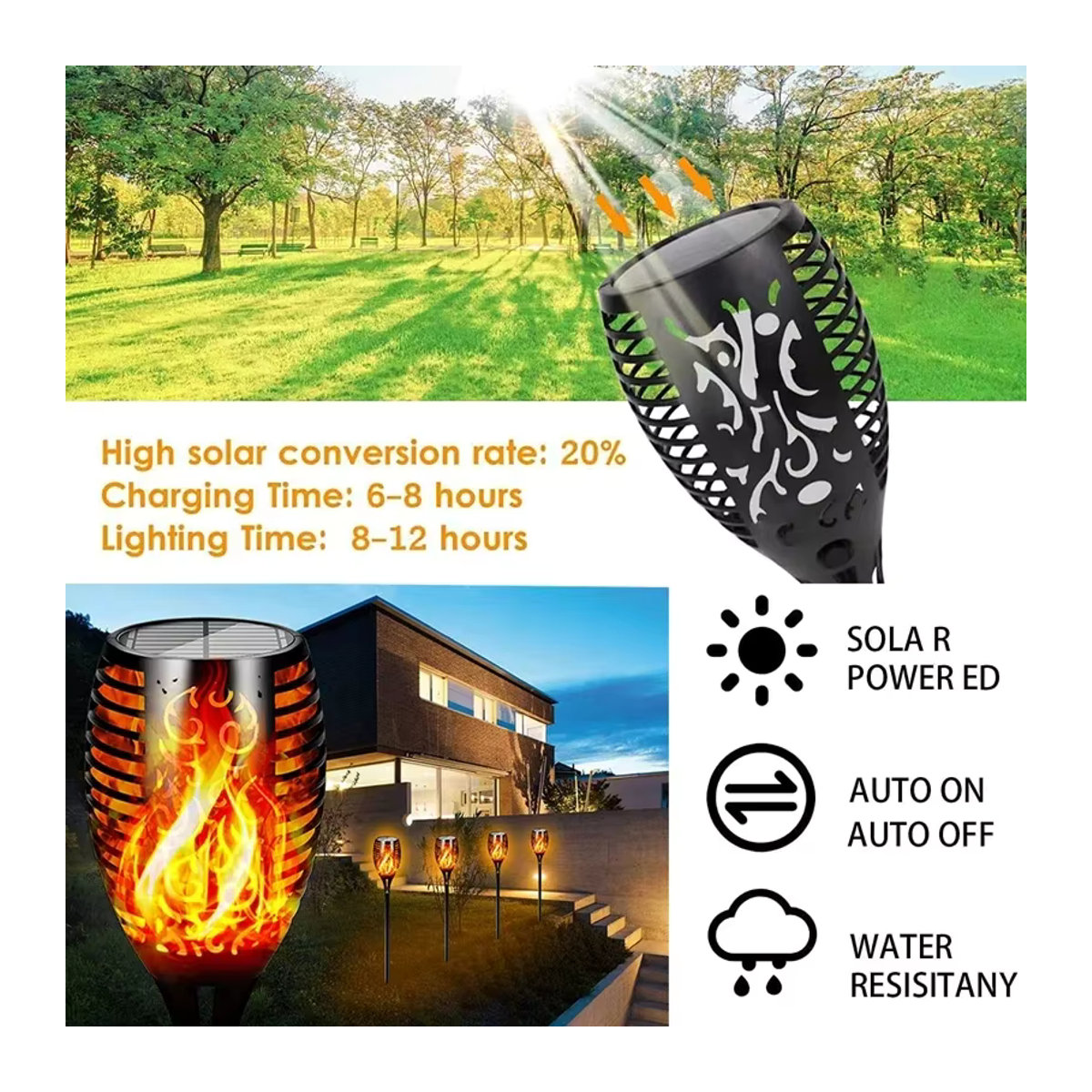 Solarleuchte mit 96 LED für den Außenbereich in Schwarz mit flackerndem Flammen-Effekt und wasserdichter Kunststoff-Bauweise - Bild 5