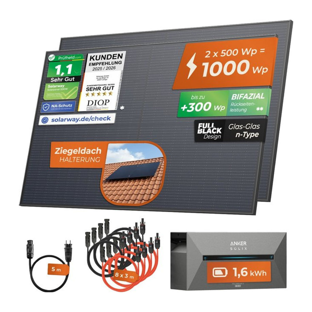 Solarway All In One Balkonkraftwerk Komplettset mit 1000W Leistung, 1,6 kWh Anker Solix 2 PRO Speicher und 500W bifazialen Solarmodulen in Schwarz - Bild 1