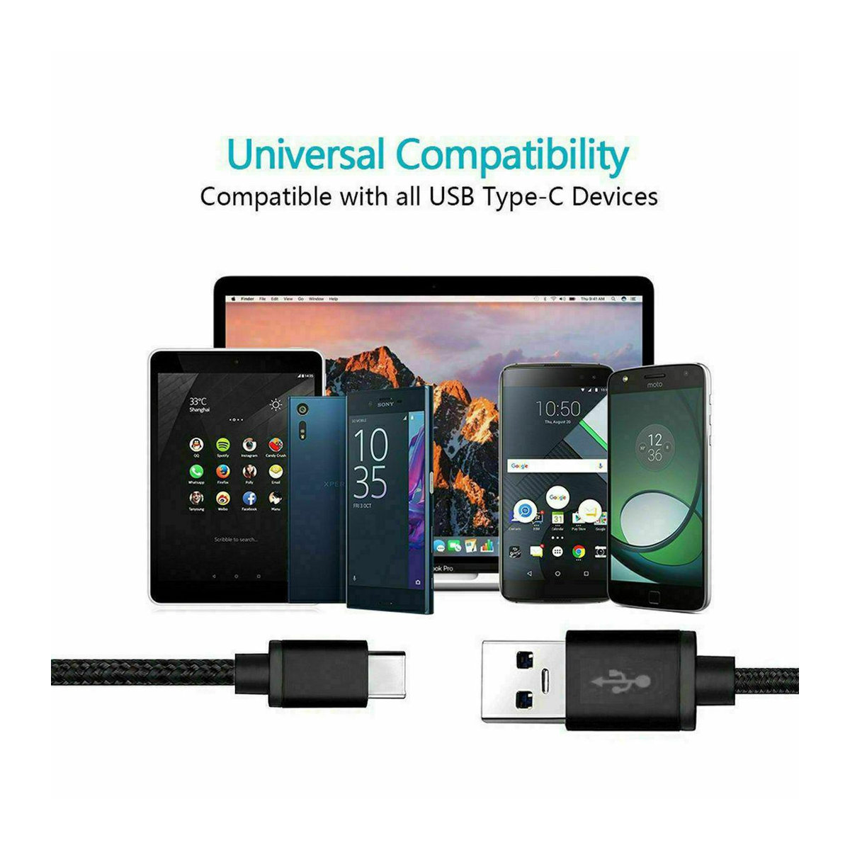 Sombrero USB-Schnellladekabel für iPhone, Android und Typ-C in Schwarz mit Aluminiumgehäuse, Länge: 1 m - Bild 1