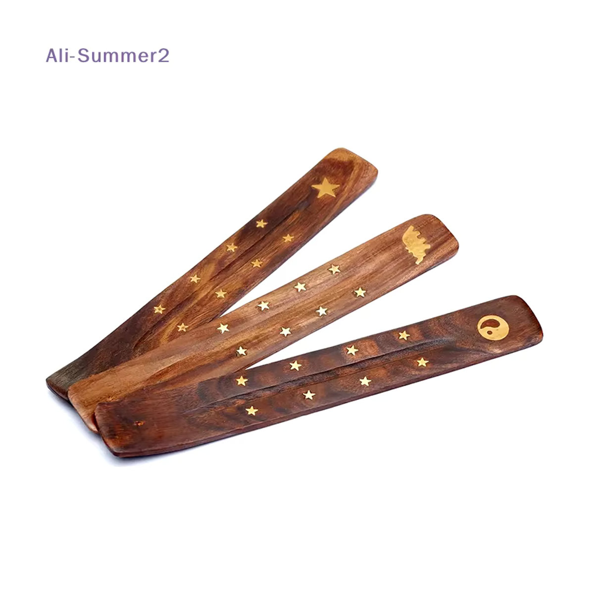 Sommer2 Holz-Räucherstäbchenhalter mit Ascheauffangschale in Braun mit geometrischem Design - Bild 3