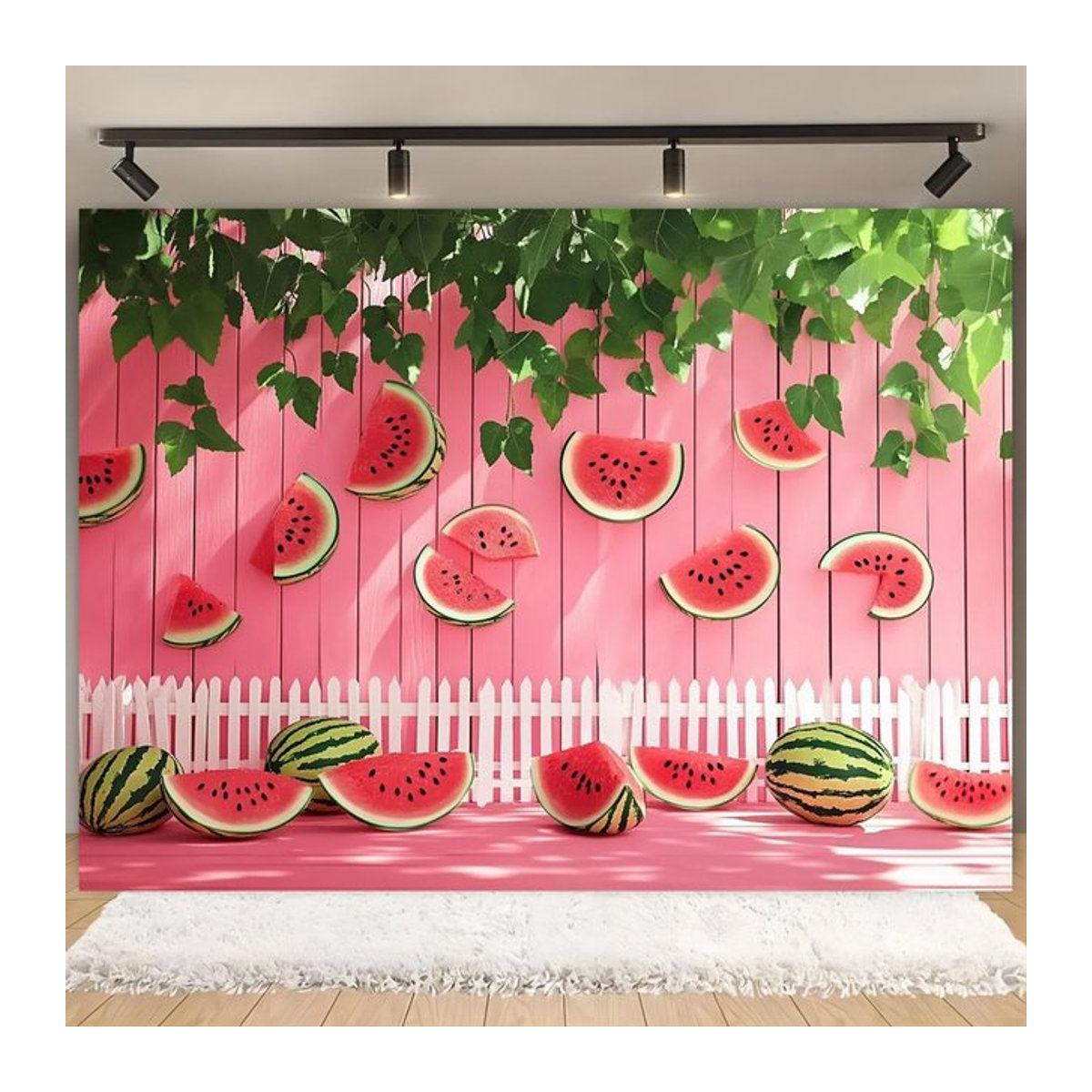 Sommerparty-Banner mit Wassermelonen und grünen Blättern auf rosa Hintergrund für Hochzeiten und Dekorationen, rechteckig - Bild 1