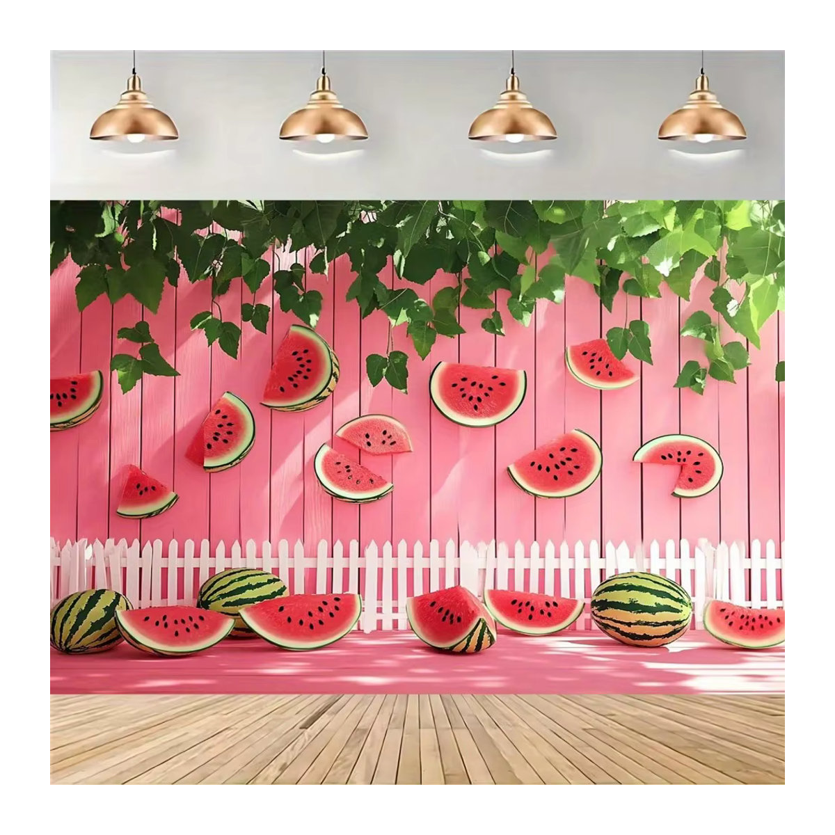 Sommerparty-Banner mit Wassermelonen und grünen Blättern auf rosa Hintergrund für Hochzeiten und Dekorationen, rechteckig - Bild 2