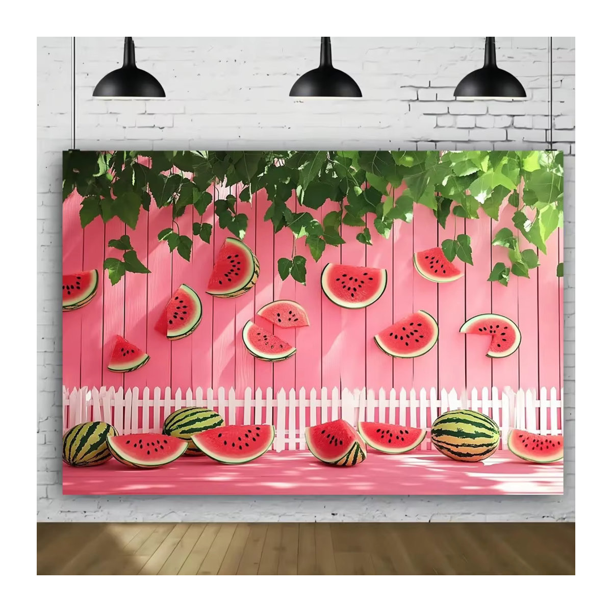 Sommerparty-Banner mit Wassermelonen und grünen Blättern auf rosa Hintergrund für Hochzeiten und Dekorationen, rechteckig - Bild 3